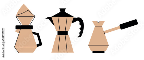 Alternative coffee brewing methods and tools. Set of coffee machine, geyser, utensils, filter, cup, kettle icon. Hand drawn isolated on background elements for cafe, menu, coffee shop in flat style