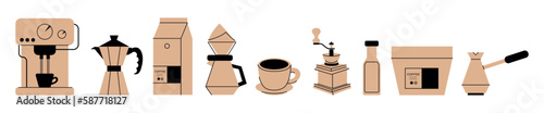 Alternative coffee brewing methods and tools. Set of coffee machine, geyser, utensils, filter, cup, kettle icon. Hand drawn isolated on background elements for cafe, menu, coffee shop in flat style