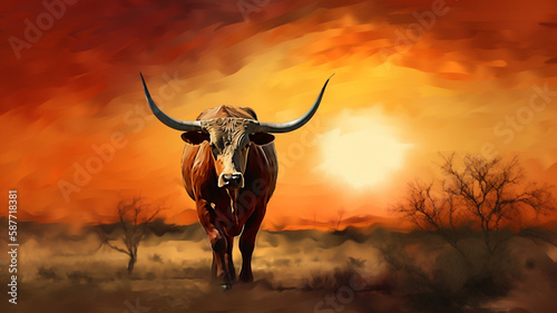 Texas longhorn steer at sunset abstract painting  photo