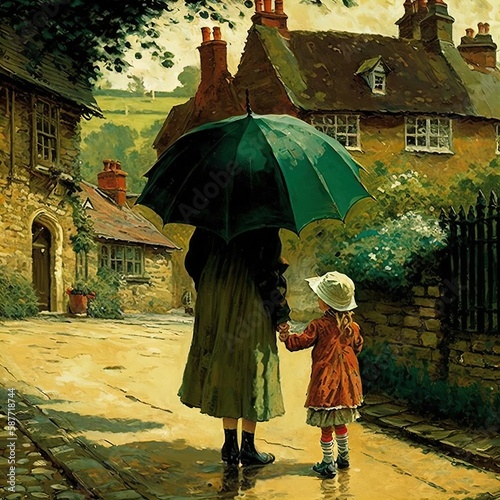 A woman with a child holding an umbrella in a village. Oil painting. Generative AI photo