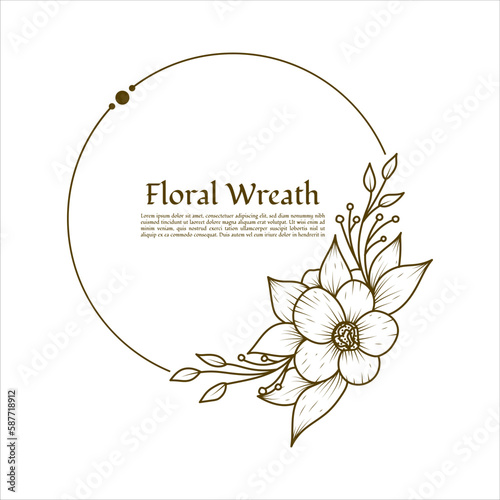 Round frame floral wreath line art decorative