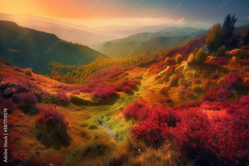 serene valley with lush trees and majestic mountains in the backdrop. Generative AI serene valley with lush trees and majestic mountains in the backdrop. Generative AI