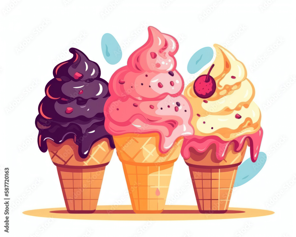 Ice cream vector illustration. Cartoon ice cream in waffle cones. Ice cream vector illustration. Cartoon ice cream in waffle cones.