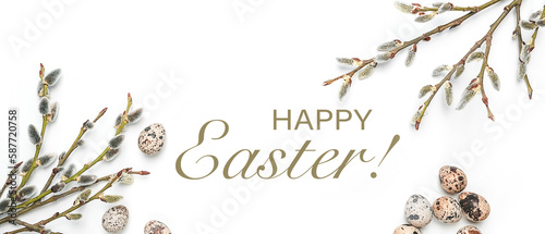 Canvas Print Palm sunday,happy easter composition flat lay with eco friendly easter eggs decor on white background