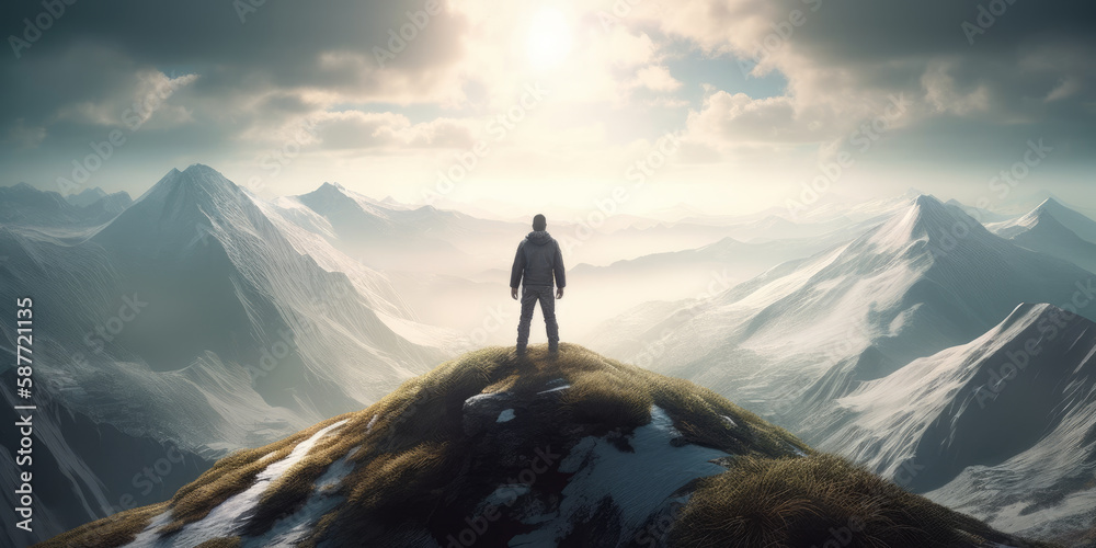 Man observing the mountainous terrain from a hilltop. - Generative AI