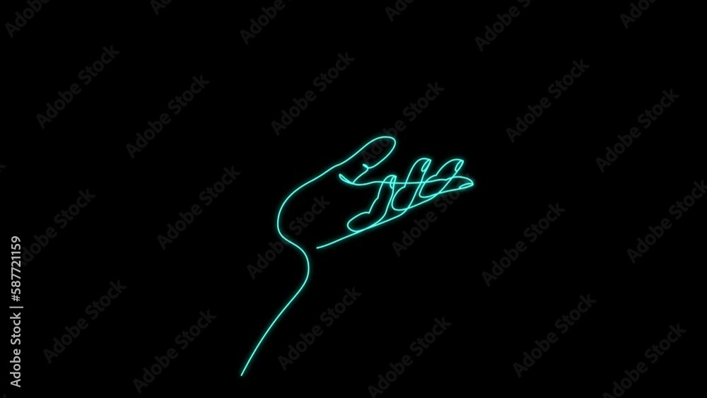 Animated continuous one line drawing of hand holding heart on palm. Self drawing animation concept of charity. Helping hand drawn by neon line on black background. Animated continuous one line drawing of hand holding heart on palm. Self drawing animation concept of charity. Helping hand drawn by neon line on black background.