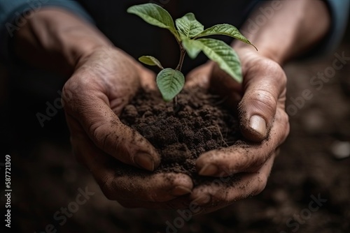 Environment Earth Day. Between his two hands is the soil and the sapling. Environmental nature awareness concept