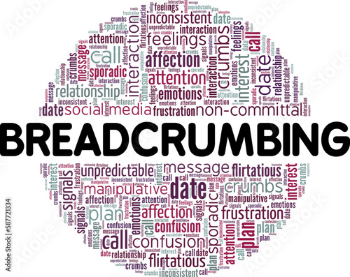 Breadcrumbing word cloud conceptual design isolated on white background.