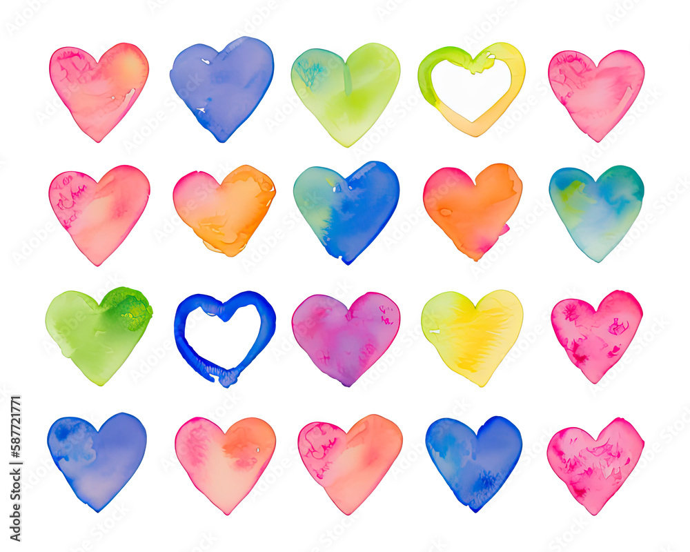 watercolor heart love shape with many color bundle. generative ai