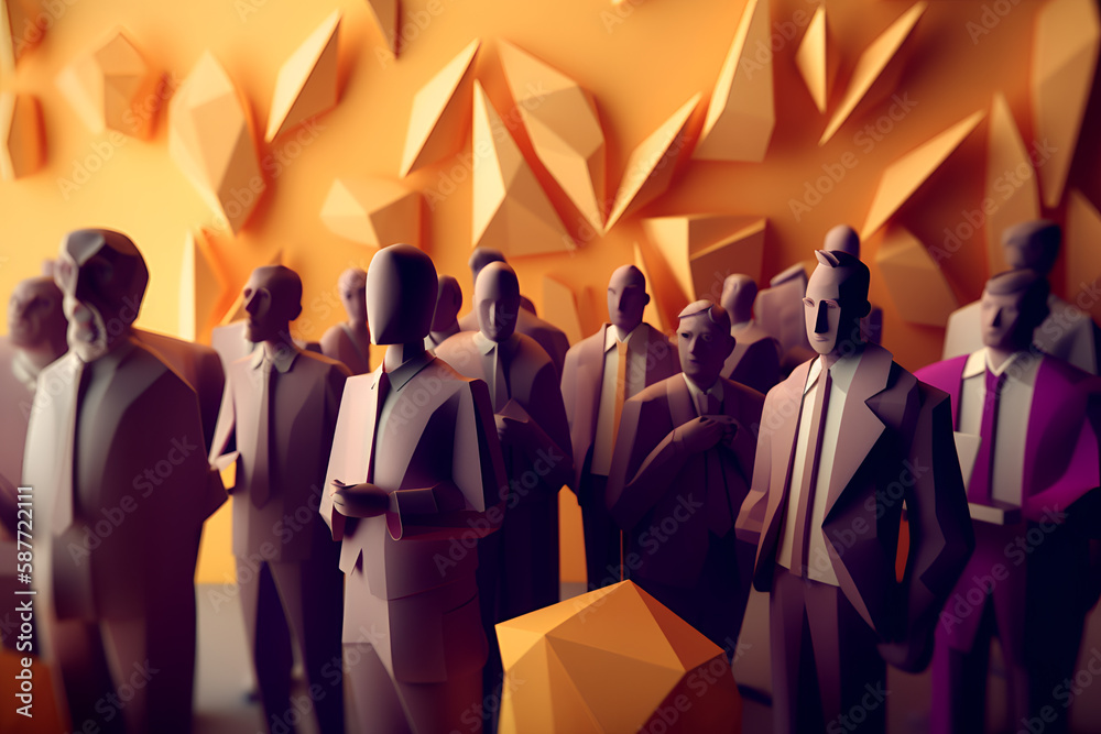 Low Poly Generative AI of Ethnic Diversity At Work. Different Employees Working Together 
