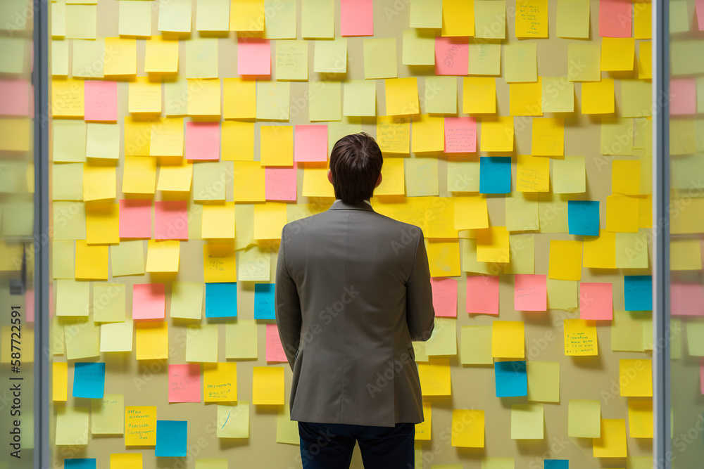Person looking at writing down ideas on large wall full of sticky notes ...
