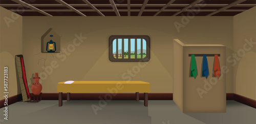 Village room inside vector, poor mud house room interior cartoon background illustrations.