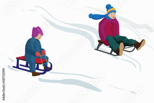 2 children sledding in winter season. Wearing blue overalls, red jacket, green trousers and hats. Vector illustration.