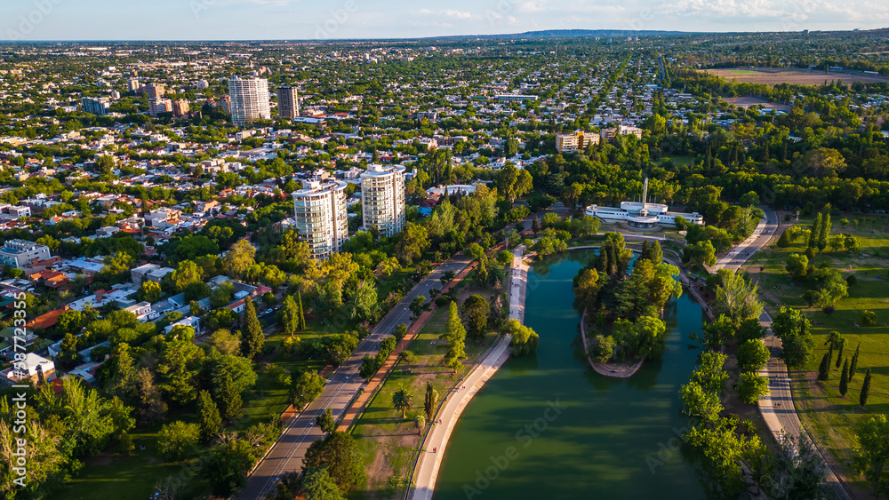 Fototapeta premium Aerial Drone Fly Above Mendoza Town Argentina Valley Below Andean Cordillera Landscape, Street, Traffic Circle and Treetops, Green Area
