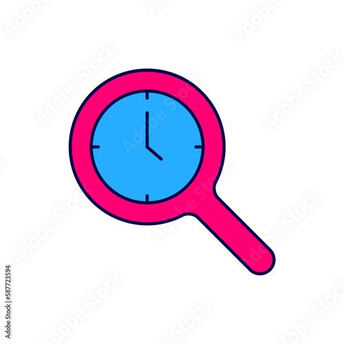 Filled outline Magnifying glass with clock icon isolated on white background. Clock search. Vector