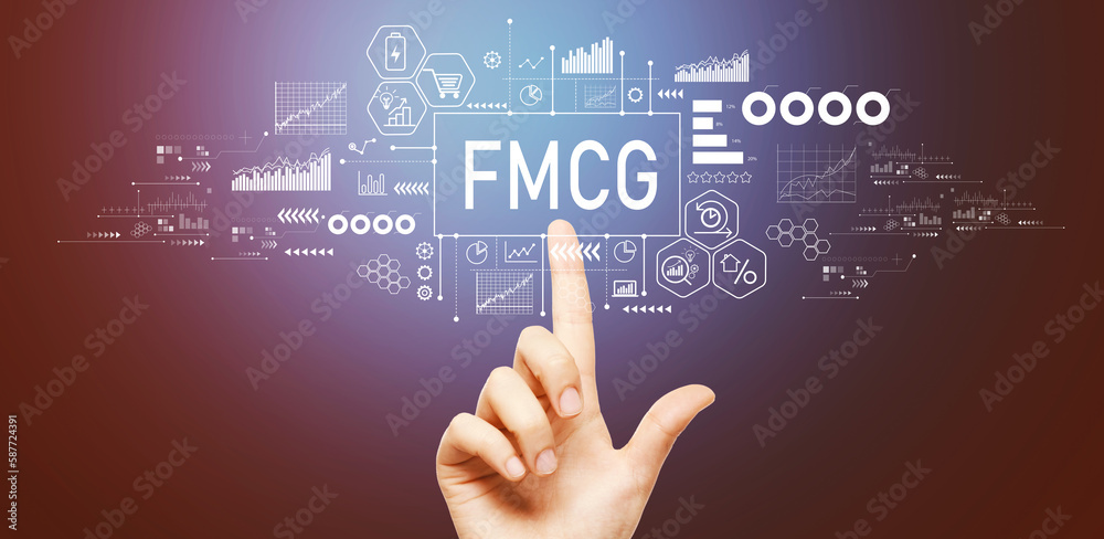 FMCG - Fast Moving Consumer Goods theme with hand pressing a button on a technology screen