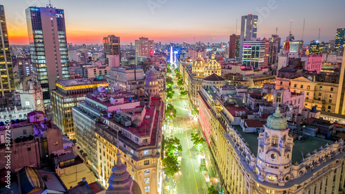 Aerial Drone Panoramic Above Buenos Aires City Center at Night, Plaza de Mayo and Microcentro, Business District