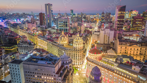 Aerial View of Capital City of Buenos Aires Argentina illuminated at night 