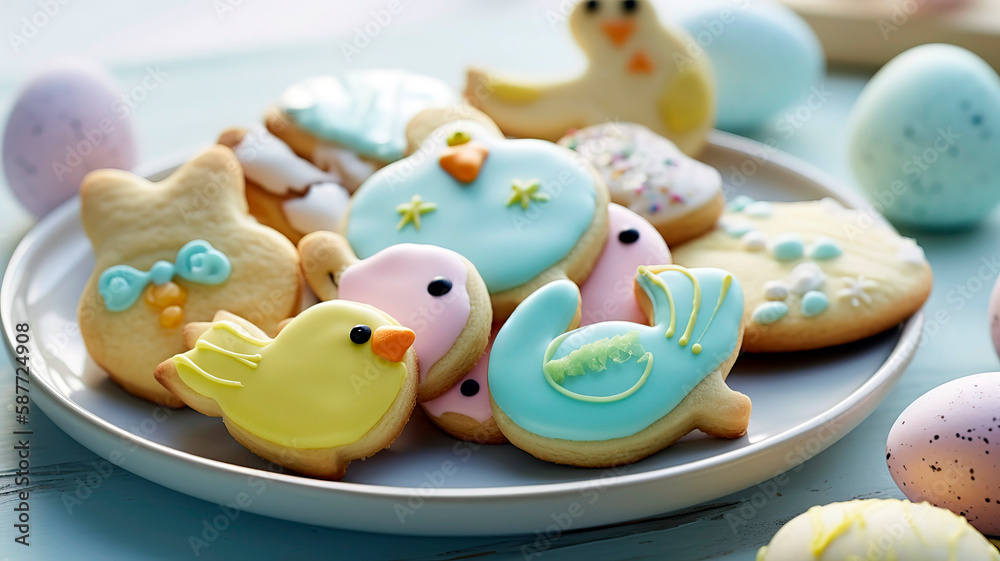 close-up of a selection of delicious Easter-themed cookies. Festive Easter Cookie Collection Bunnies, Chicks, and Eggs