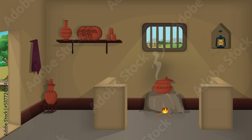 Village room inside vector, poor mud house room interior cartoon background illustrations.