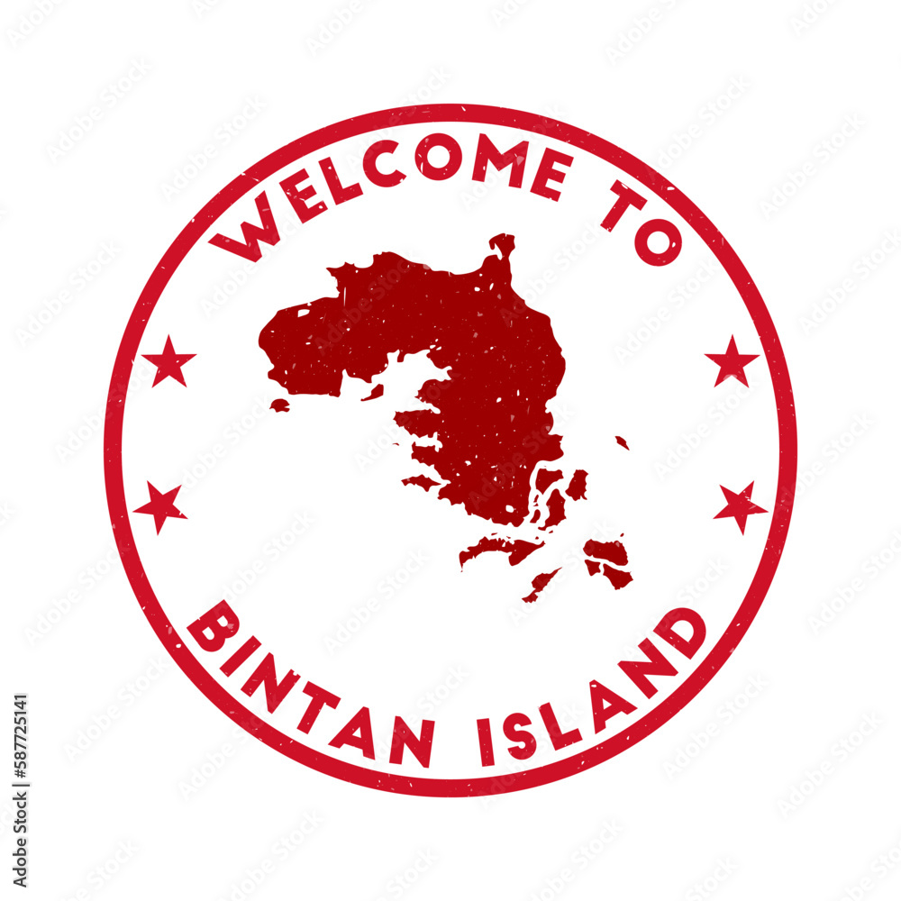 Welcome to Bintan Island stamp. Grunge island round stamp with texture in Super Rose Red color theme. Vintage style geometric Bintan Island seal. Elegant vector illustration. Welcome to Bintan Island stamp. Grunge island round stamp with texture in Super Rose Red color theme. Vintage style geometric Bintan Island seal. Elegant vector illustration.
