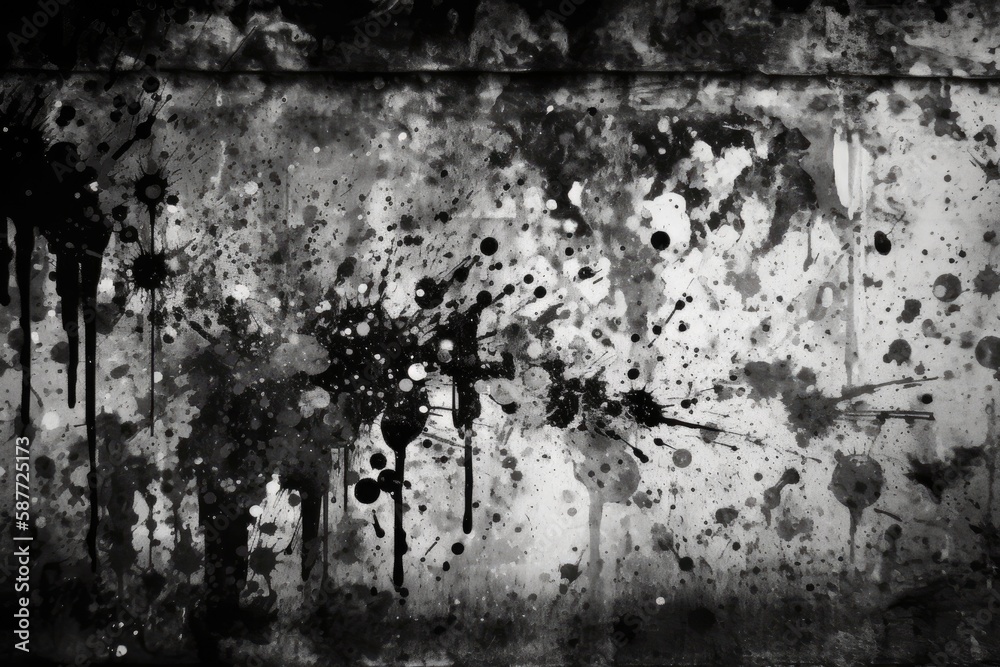 Illustration of black and white abstract paint splatters on a wall. Generative AI
