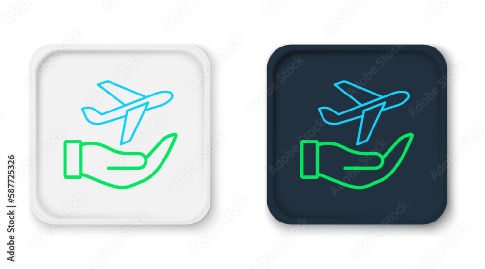 Line Plane in hand icon isolated on white background. Flying airplane. Airliner insurance. Security, safety, protection, protect concept. Colorful outline concept. Vector Line Plane in hand icon isolated on white background. Flying airplane. Airliner insurance. Security, safety, protection, protect concept. Colorful outline concept. Vector