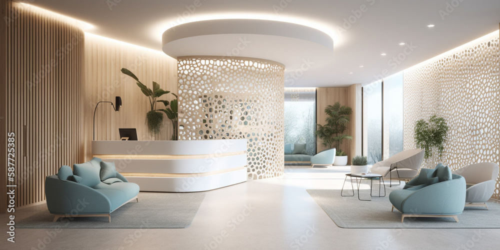 Illustration of modern hotel lobby space. sleek front desk with a white  counter parametric design. AI Generative. Stock Illustration