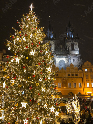 Canvas Print Old town square Christmas tree with gothic towers in the background