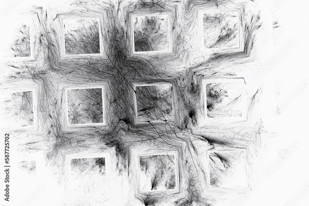 Fototapeta premium Black pattern of crooked threads with squares on a white background. Abstract fractal 3D rendering