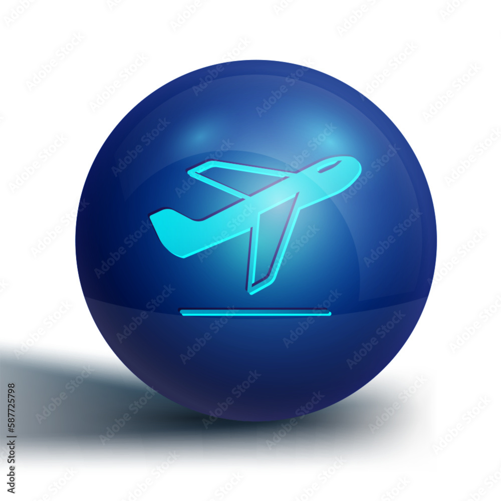 Blue Plane takeoff icon isolated on white background. Airplane transport symbol. Blue circle button. Vector