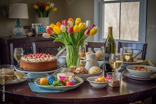 Easter dining table with wine glasses, tulips, colorful eggs, Easter cake, Easter decor, and a variety of hearty food on plates, created using generative AI