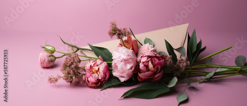 bouquet of peonies on pink background with envelope