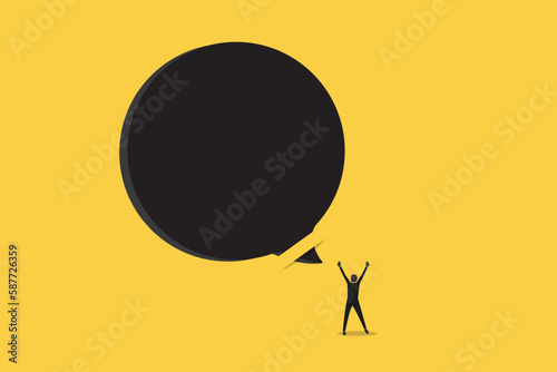 Businessman talk with Blank bubble talk or comment. Concept of career, promotion, communication, news, infographic. Copy space for ad