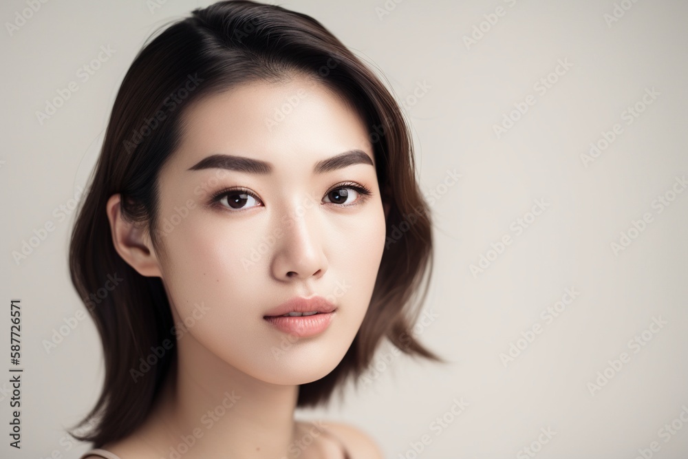 Fototapeta premium Beautiful young Asian woman with clean fresh skin isolated on white background, Face care, Facial treatment, Cosmetology, beauty and spa, Asian women portrait generative ai