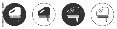 Black Electric jigsaw with steel sharp blade icon isolated on white background. Power tool for woodwork. Circle button. Vector