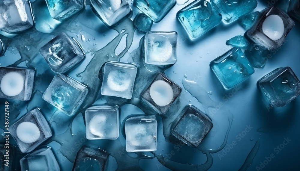 blue fresh ice cubes on a glass, background for beauty product