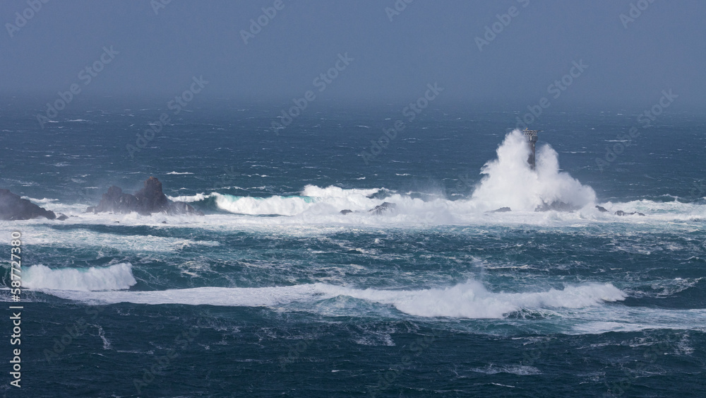 The Longships Lighthouse at Lands end in a storm