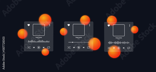 Audio, mp3 player interface design with frame for your photo, sound wave and buttons. Glassmorphism style. Vector EPS 10