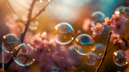 Beautiful colorful spring flowers in the meadow with water drops. Beautiful spring background with blooming tree branches and soap bubbles. Created using Generative AI technology.