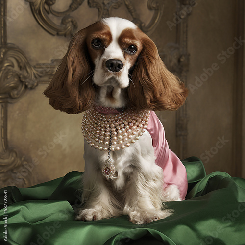 illustrazione di cane vestito come la regina elisabetta, con collana di perle e gioielli seduto su trono, mantello verde e abitino rosa, fatto con intelligenza artificiale, cane regale, aristocratico