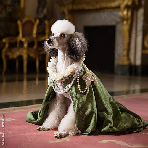 illustrazione di cane vestito come la regina elisabetta, con collana di perle e gioielli seduto su trono, mantello verde e abitino rosa, fatto con intelligenza artificiale, cane regale, aristocratico