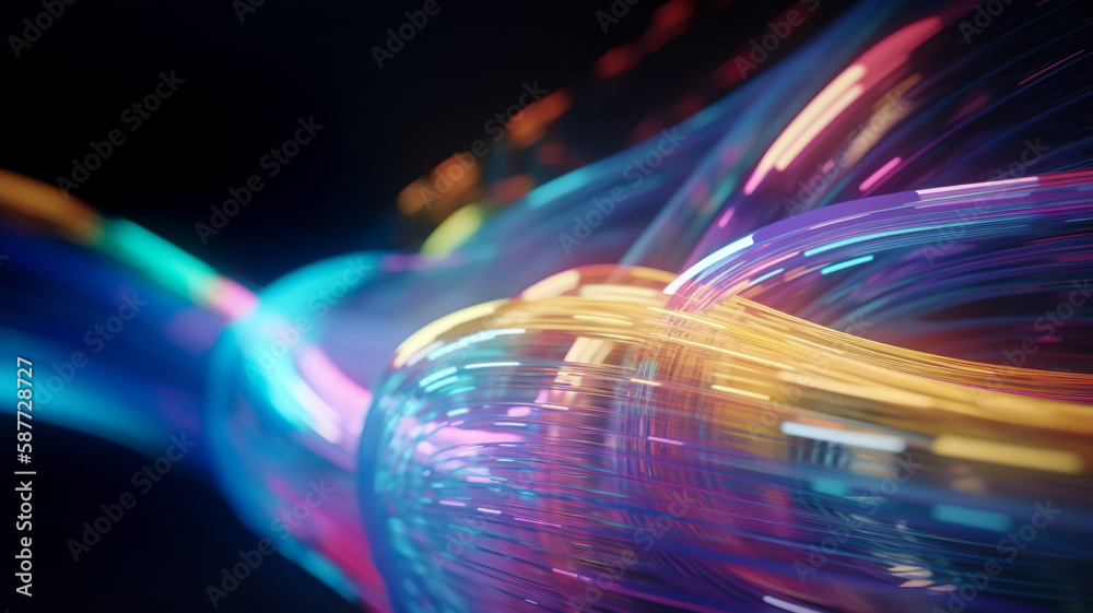 selective focus.hyperloop or warp technology concepts with flow of Digital stream in line multicolor neon.curve swirl shap pattern. digital field and cyberspace.generative ai images