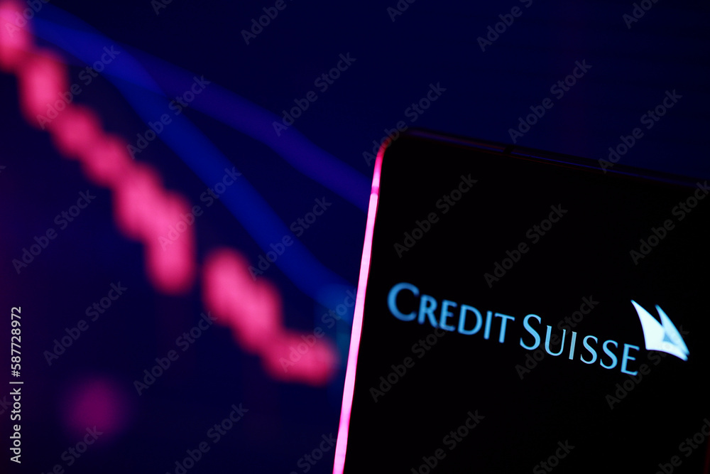 PENANG, MALAYSIA 1 APR 2023 Credit Suisse Bank logo with stock