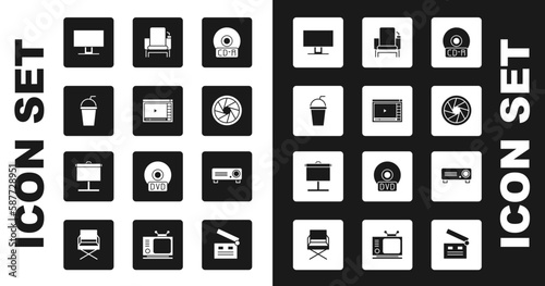 Set CD or DVD disk, Online play video, Paper glass with straw, Smart Tv, Camera shutter, Cinema chair, Movie, film, media projector and Projection screen icon. Vector