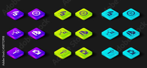 Set Stone age hammer, Photo camera, Security, Dinosaur skull, No Smoking and Feather and inkwell icon. Vector