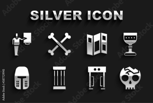 Set Ancient column, Medieval goblet, Broken human skull, Metal detector, iron helmet, Museum guide brochure, and Crossed bones icon. Vector