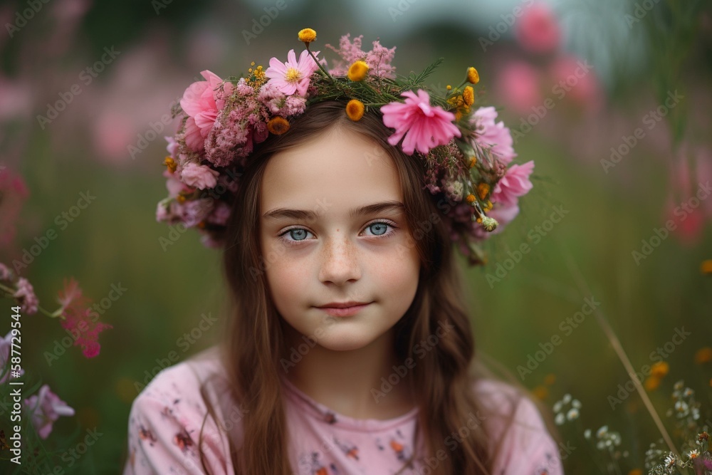 A portrait of a young girl with a pink and helical flower crown, sitting in a pink field of wildflowers in the summertime, Non-existent person in generative AI digital illustration, Generative AI