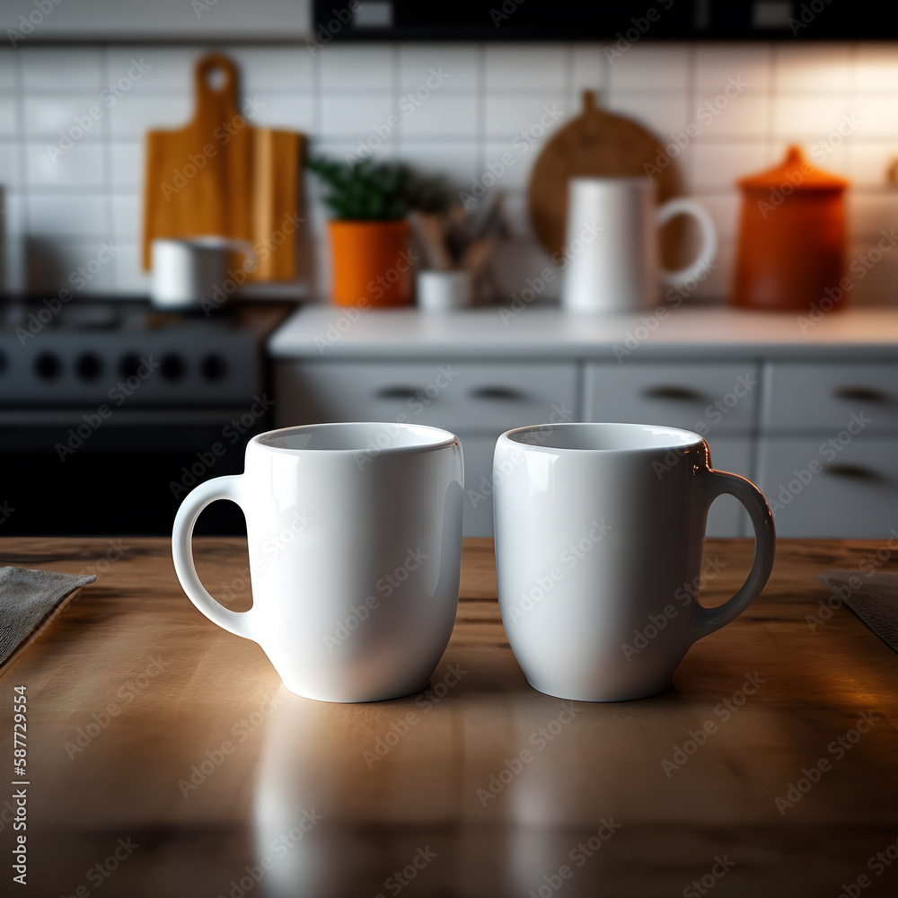 A blank black and white mug mockups on the kitchen desk. White mug on the holiday table. Mockup of a couple white mugs on the table.