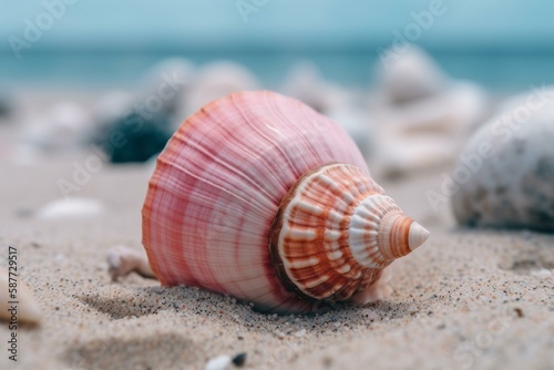 A close-up shot of a pink and helical seashell lying on the sandy beach with the blue sea in the background Generative AI